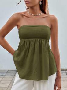 SHEIN EZwear 1 件女士加大码纯色上衣，夏季时尚 - 軍綠色 - 查看 5