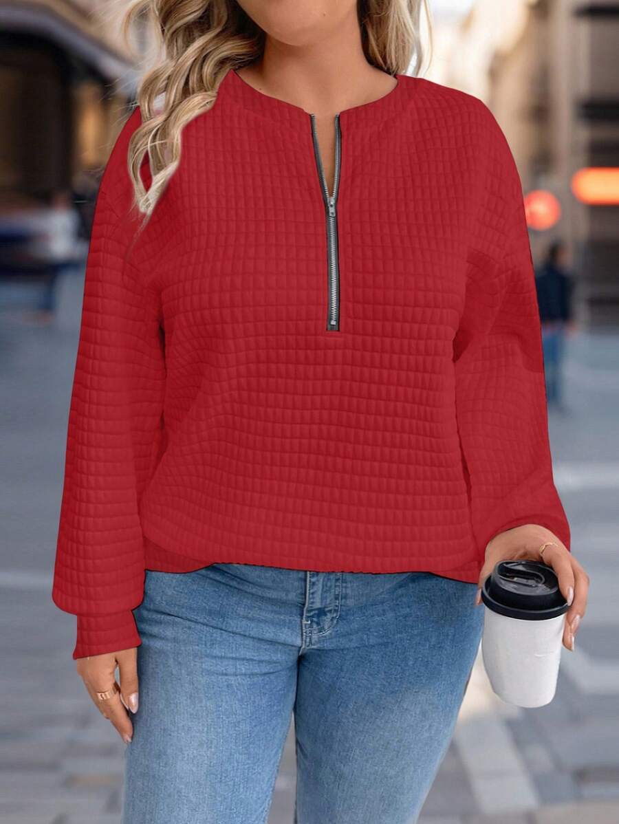 SHEIN LUNE Plus Size Women Solid Red Round Neck Half Zipper Design Texture Knit Sweatshirt Pullover, Versatile & Fashionable, Spring/Autumn For New Year Fall - Red - View 1