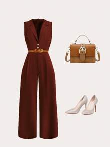 SHEIN Clasi 大码女式纯色翻领无袖休闲阔腿连体裤