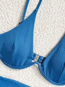 SHEIN Swim 女式夏季海滩纯色性感比基尼套装，带短款上衣和裙子，3 件套，带钢圈 - 霧霾藍 - 查看 4