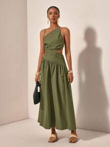 Zivah 新款休闲V领不对称镂空后背交叉肩带长裙，春夏 - 軍綠色 - 查看 8