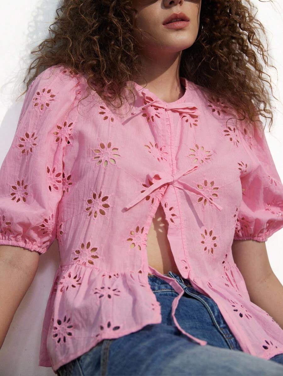 Aveloria Affinna Hollow Out Embroidery, Bowknot Decor, French Design Round Neck Lantern Sleeve Loose Casual Blouse For Women