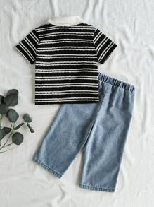 Vintaside Kids Toddler Boy 2pcs Striped Fashion Versatile All-Match Casual Denim Vibe Set