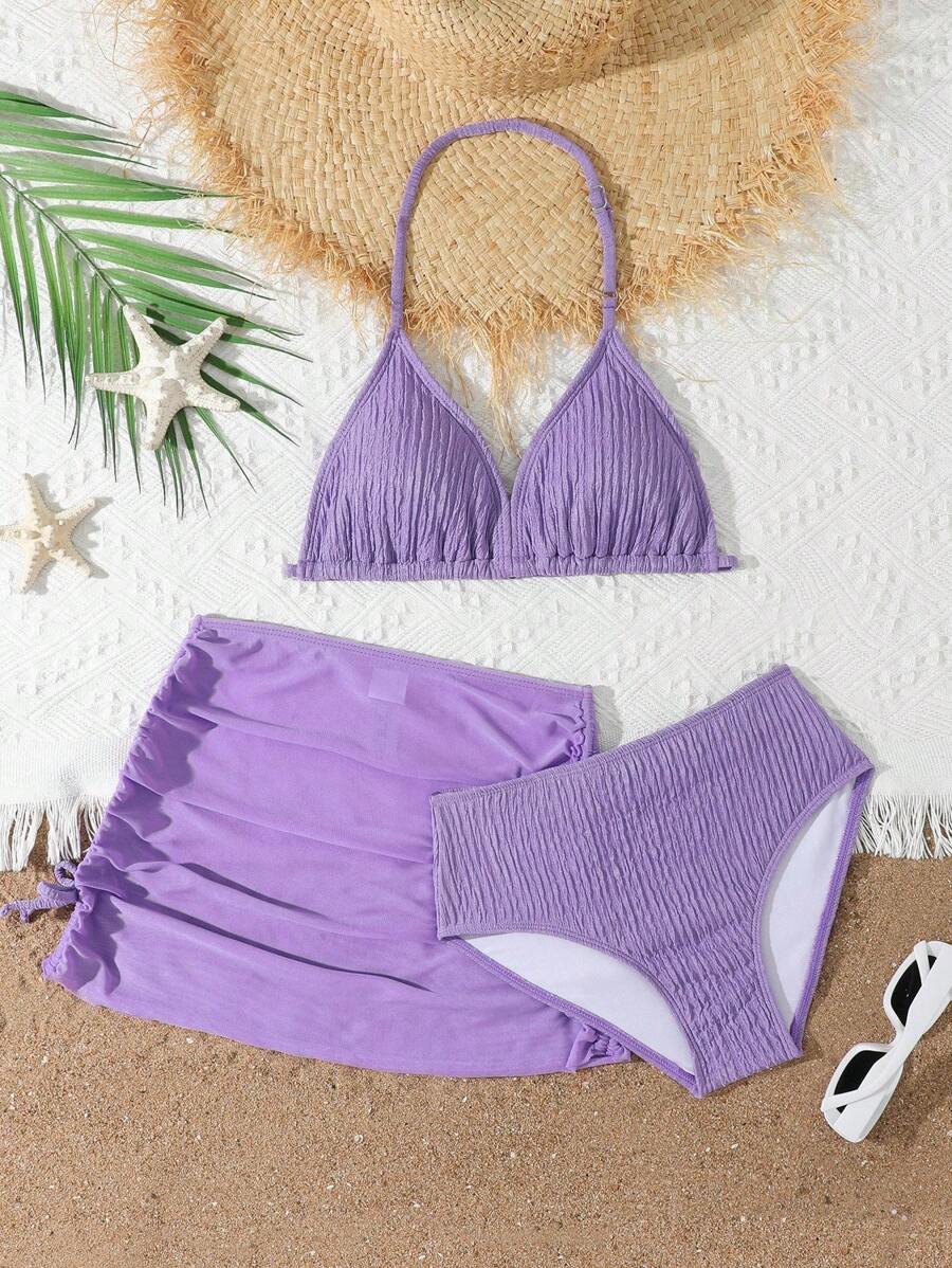 SHEIN Tween Girls 3pcs/Set Striped Knit Tankini Swimsuit Top, Bottom And Skirt, Elegant And Fashionable, Suitable For Swimming, Vacation And Summer - Purple - View 1