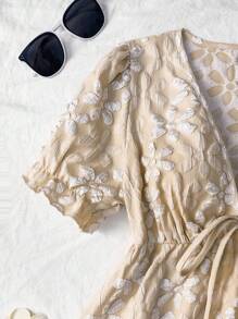 Trelyra 时尚别致的女士短袖V领上衣，2025年夏季新款轻薄衬衫 - 杏色 - 查看 4