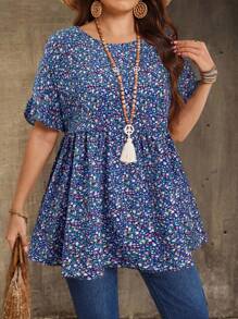 EMERY ROSE Plus Size Women Ditsy Floral Round Neck Short Sleeve Ruffled Hem Shirt For Holiday Plus Size Tunic Tops Plus Size Summer Shirt Tunic Tops For Women Boho Tops Plus Size Plus Size Women Clothes Blouse - Blue - View 6