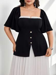 Modelyn Vestido de manga corta con cuello cuadrado de unicolor para tallas grandes, moda de verano - Blanco y Negro - Ver 1