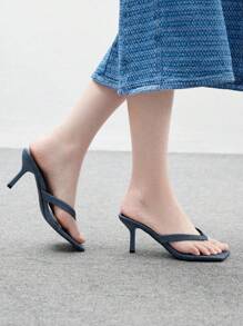 CUCCOO BIZCHIC 女士蓝色牛仔PU休闲舒适基本款露趾高跟凉鞋，适合日常通勤 - 藍色 - 查看 4