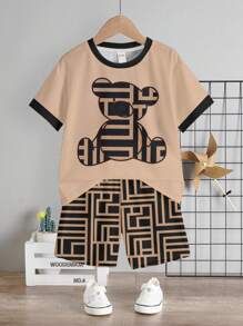 泰迪熊儿童精选系列日常基础款快乐儿童粉彩色系，适合儿童骑行风家庭旅行，温馨时光，我爱妈妈，我爱爸爸，温馨居家酷炫儿童男宝宝休闲圆领短袖短裤两件套，适合夏季男宝宝夏季服装，男宝宝棕褐色套装，男宝宝街头风夏季服装 - 彩色 - 查看 2