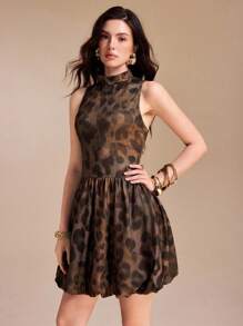 VERO DIAZ Leopard Print Balloon Mini Dress Mockneck Backless - Multicolor - View 4
