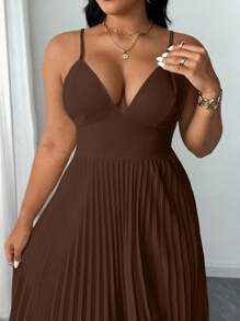 SHEIN Unity 大码优雅细肩带荷叶边露肩蝴蝶结连衣裙 - 咖啡棕 - 查看 4