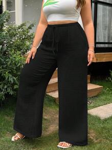 SHEIN EZwear Quần dài thường ngày có túi rút eo màu đen cỡ lớn - màu đen - Xem 3