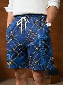 HARRY POTTER X SHEIN 男士夏季休闲宽松格子字母图案抽绳腰侧袋短裤，学院风 - 藏蓝色 - 查看 1