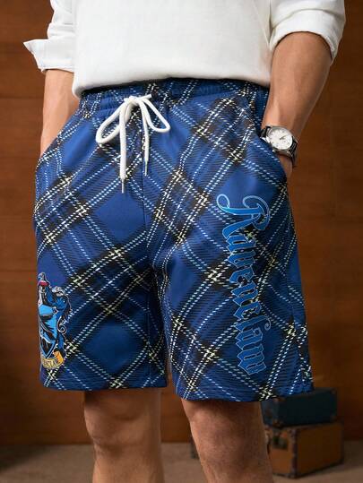 HARRY POTTER X SHEIN 男士夏季休闲宽松格子字母图案抽绳腰侧袋短裤，学院风