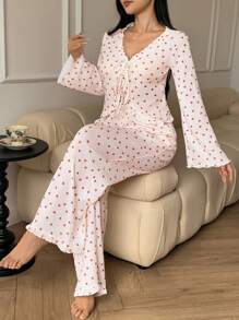 DAZY Conjunto de ropa de dormir con top corto con volantes y estampado de corazones y pantalones largos con volantes en el bajo, ropa de otoño para mujer - Blanco - Ver 7