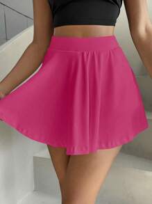 Zolique 1pc Women Summer Solid Color Mini Skirt With Mobile Phone Pocket, Suitable For Outdoor - Hot Pink - View 4