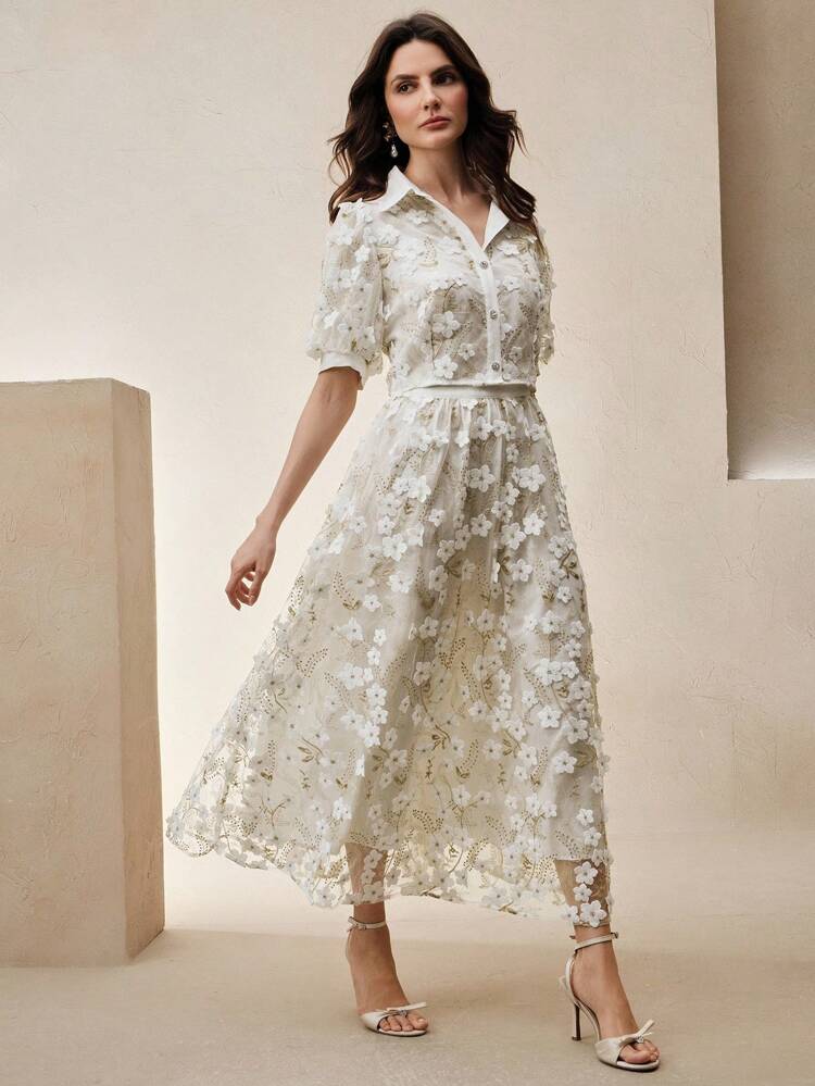 Elegant Romantic 3D Flower Bow Decor Blouse And Skirt 2 Pieces Set, Spring/Summer