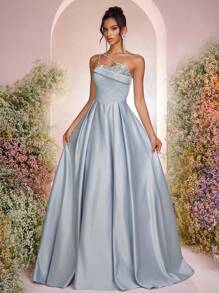 Glamrae Women's Elegant Gray-Blue Evening Dress,Luxurious Sequin Embroidery Rhinestone Decoration,Off-Shoulder Asymmetrical Neckline,Formal Banquet Gown - Gray Blue - View 3