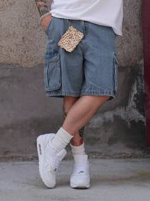 DAZY 夏季水洗白蓝男式牛仔工装短裤 - 藍色 - 查看 5