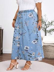 EMERY ROSE Váy mini denim thường ngày họa tiết hoa có dây rút eo cỡ lớn dành cho nữ, mùa hè - Màu xanh nhạt - Xem 4