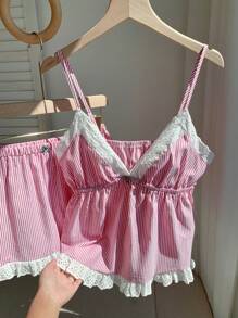 Comfortcana Bộ 2 món áo hai dây kẻ sọc và quần short ren giản dị mùa hè dành cho nữ - Đỏ - Xem 3