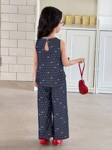 2pcs Young Girl Denim Vest And Wide Leg Belted Pants Set - Royal Blue - View 2