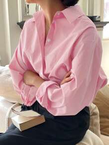 DAZY Solid Color Front Button Casual Versatile Loose Long Sleeve Shirt - Baby Pink - View 5