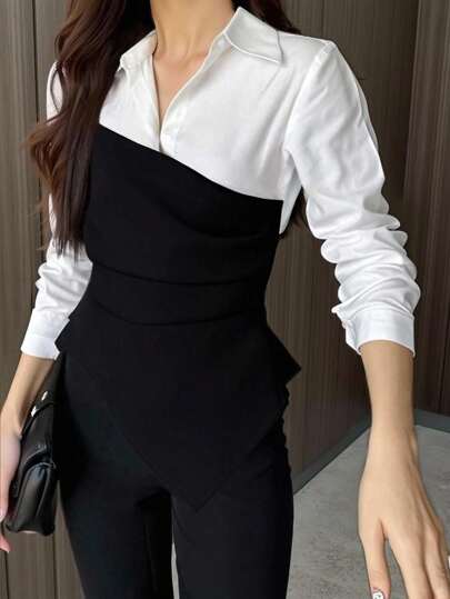INAWLY Fashionable Casual Elegant Versatile Colorblock Women Shirt Fall Cloth For Women
