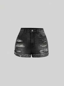 SHEIN Girlism Teen Girls' Distressed Fashionable Denim Shorts, Suitable For Summer - Black - View 1