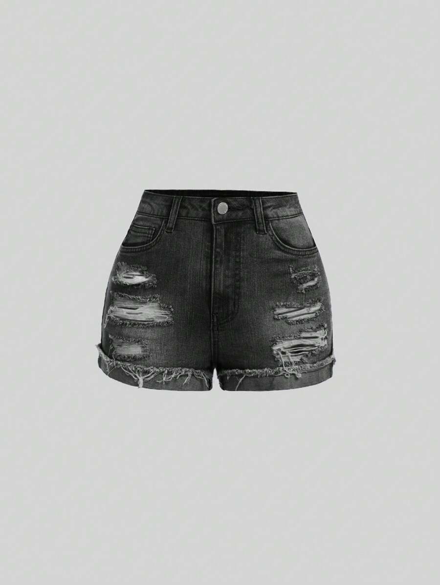 SHEIN Girlism Teen Girls' Distressed Fashionable Denim Shorts, Suitable For Summer - Black - View 1