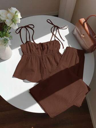 Comfortcana Conjunto de top de tirantes y pantalones de lino tejido marrón