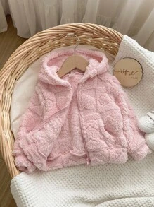 Babygirl Casual Solid Color Cute Heart Fluffy Hooded Jacket,In Fall/Winter