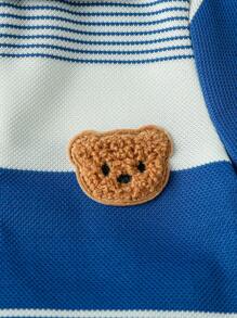 SHEIN 男婴休闲可爱小熊刺绣徽章条纹短袖polo衫和短裤套装，适合夏季男婴夏季服装条纹两件套，适合男婴夏季幼儿穿着。