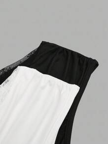 Calvaya 1set Women Plus Size Lace Asymmetrical Neck High Stretch T-Shirt - Black and White - View 9
