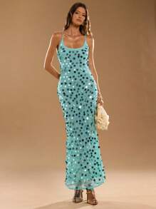 SHEIN BAE 女士纯色亮片露背修身长裙