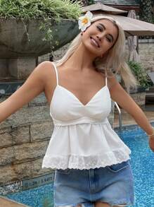 DAZY 女士V领花卉蕾丝拼接吊带背心，适合春夏海滩度假，娃娃衫款式，外出休闲上衣