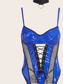 SHEIN 4pcs Set Sexy Women's PU Leather Patchwork Hollow-Out Bodysuit & Stockings, Going Out - Multicolor - View 3