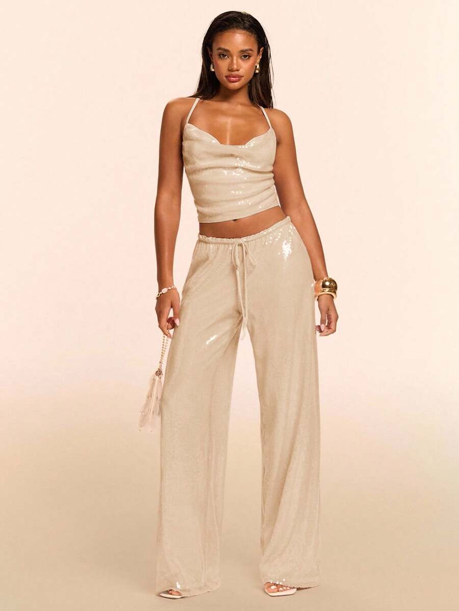 SHEIN BAE Quần ống rộng ống rộng màu trơn đơn giản thời trang dành cho nữ - Màu be - Xem 1