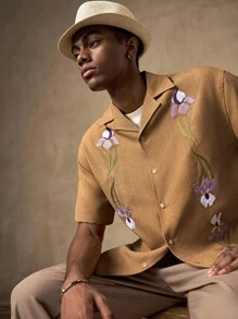 AKNOTIC Business Casual Camisa polo de manga corta casual de corte slim con bordado floral en caqui, adecuada para verano, otoño, vacaciones, uso diario, fiestas, parejas, regalo para hombres