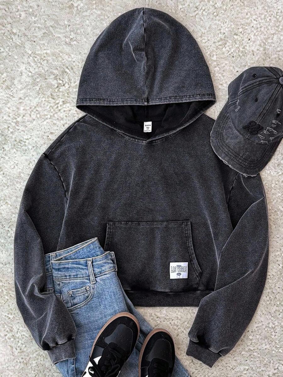 少女宽松版型黑色混色针织连帽衫，带口袋，复古街头风格，适合春夏秋冬，适合运动、返校季、休闲、居家