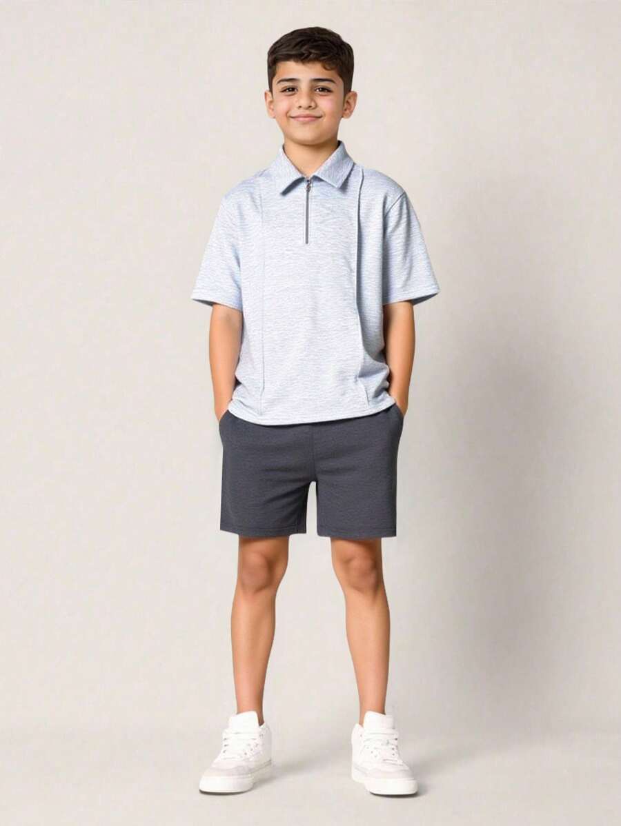SHEIN 儿童男童休闲纯色翻领半拉链 Polo 衫,百搭,适合春、夏、秋、冬上学、花园、海滩、生日 - 白色 - 查看 1