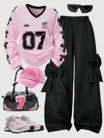 SHEIN 2pcs/Set Tween Girl Casual Sports Loose Fit Front 07 Graphic Print & Bowknot Sleeve Sweatshirt And Loose Elastic Waist Wide Leg Pants With Bow Decoration, Outfit ,Back To School Clothes, Homecoming Set,Fall Clothes