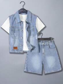 SHEIN Explorewe 2pcs/Set Tween Boys Ripped Denim Vest Jacket And Denim Shorts