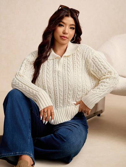 Elaquor Suéter de punto con trenzado de estilo casual francés minimalista para mujer de talla grande