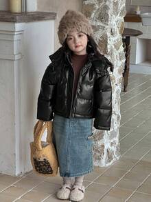 Dazy Kids Young Girl Plain Pocket Hooded Winter Long Sleeve Padded Coat Leather Jacket - Black - View 5