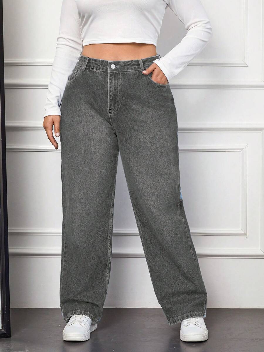 RueChic Jeans vaqueros de cintura alta, lavados y holgados, de talla grande