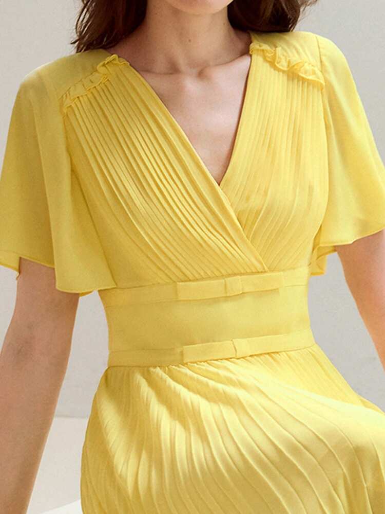 SOLID SURPLICE NECK FLUTTER SLEEVE PLEATED LACE HEM DRESS