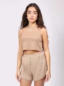 SUMWON Summertime Ribbed Crop Tank And Runner Shorts Set Leisure Wear Festival Beach Holiday Co Ord Two Piece Outfit Casual Streetwear - Khaki - View 4