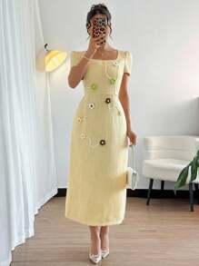 Chiquease Elegant Square Collar 3D Floral Knitted Dress - Yellow - View 1