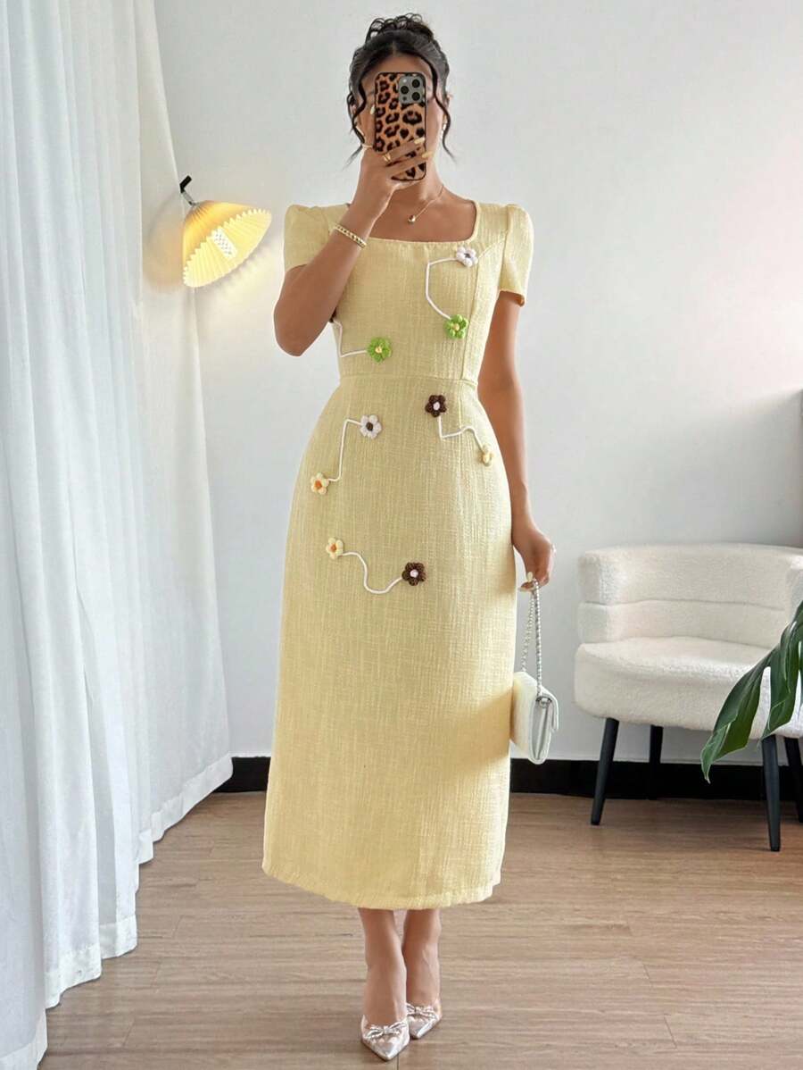 Chiquease Elegant Square Collar 3D Floral Knitted Dress - Yellow - View 1